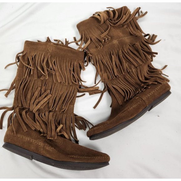 Minnetonka Women's Sz. 7 3 Layer Brown Fringe Leather Mid Calf Boots - Picture 6 of 7